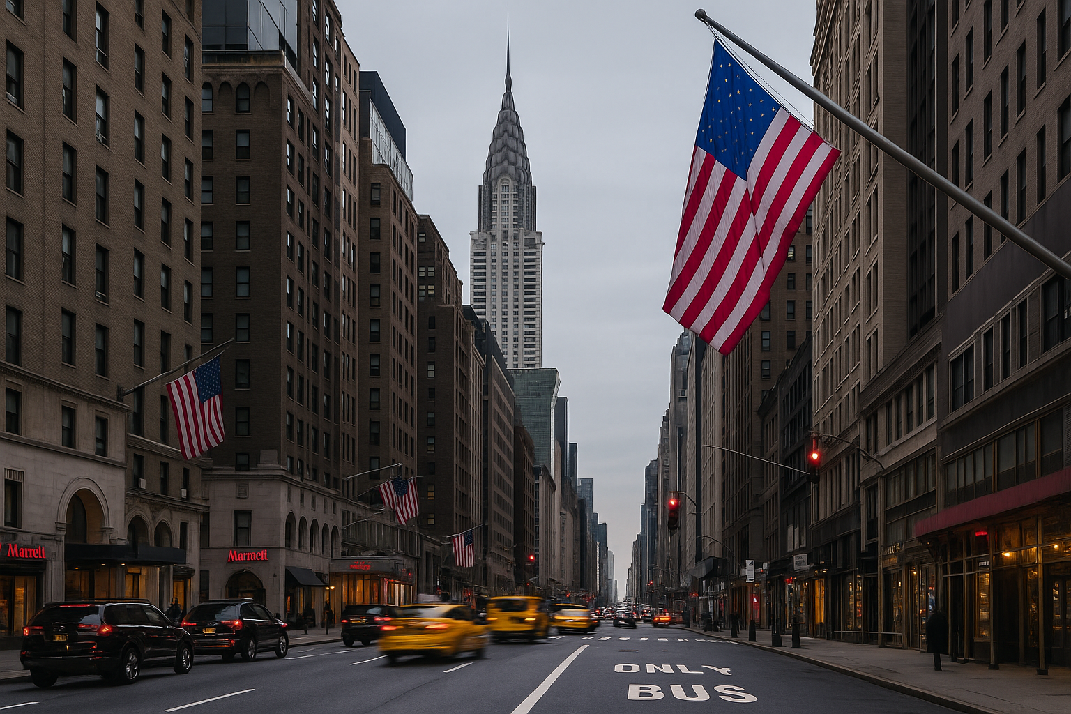 New York City street with American flag and Chrysler building