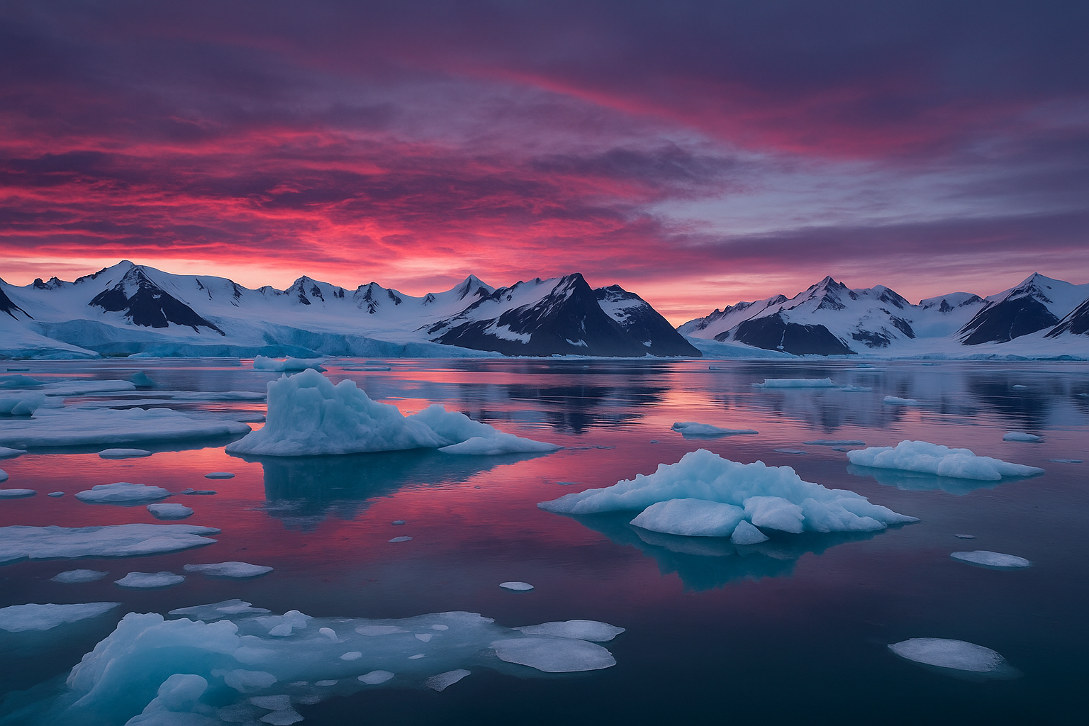 Antarctic landscape with icebergs and penguins
