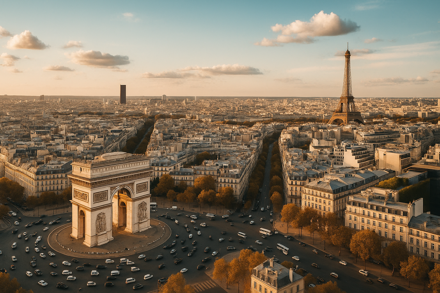Paris skyline with Eiffel Tower and Arc de Triomphe